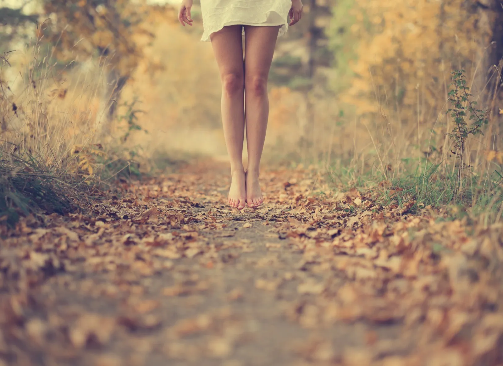 Barfüssige Frau in weissem Kleid geht über einen mit Herbstlaub bedeckten Waldweg