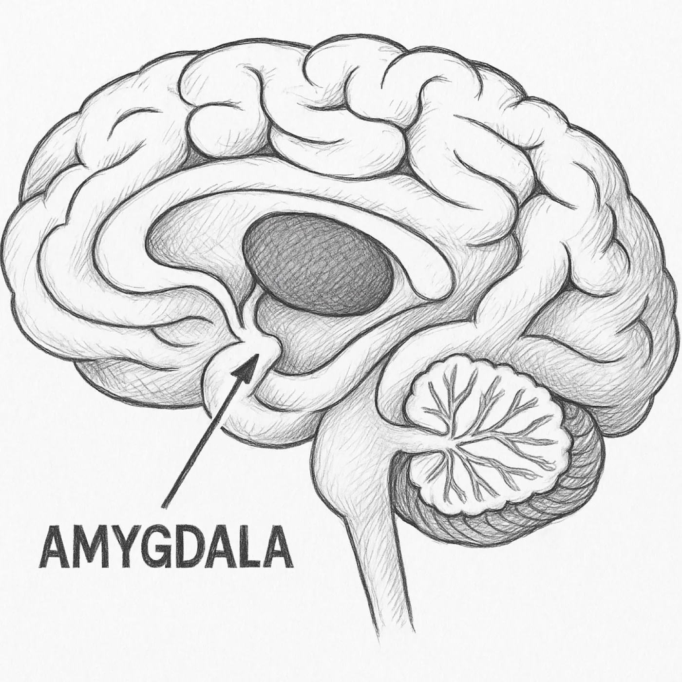 Zeichnung eines Gehirns im Längsschnitt, die Amygdala ist mit einem Pfeil markiert
