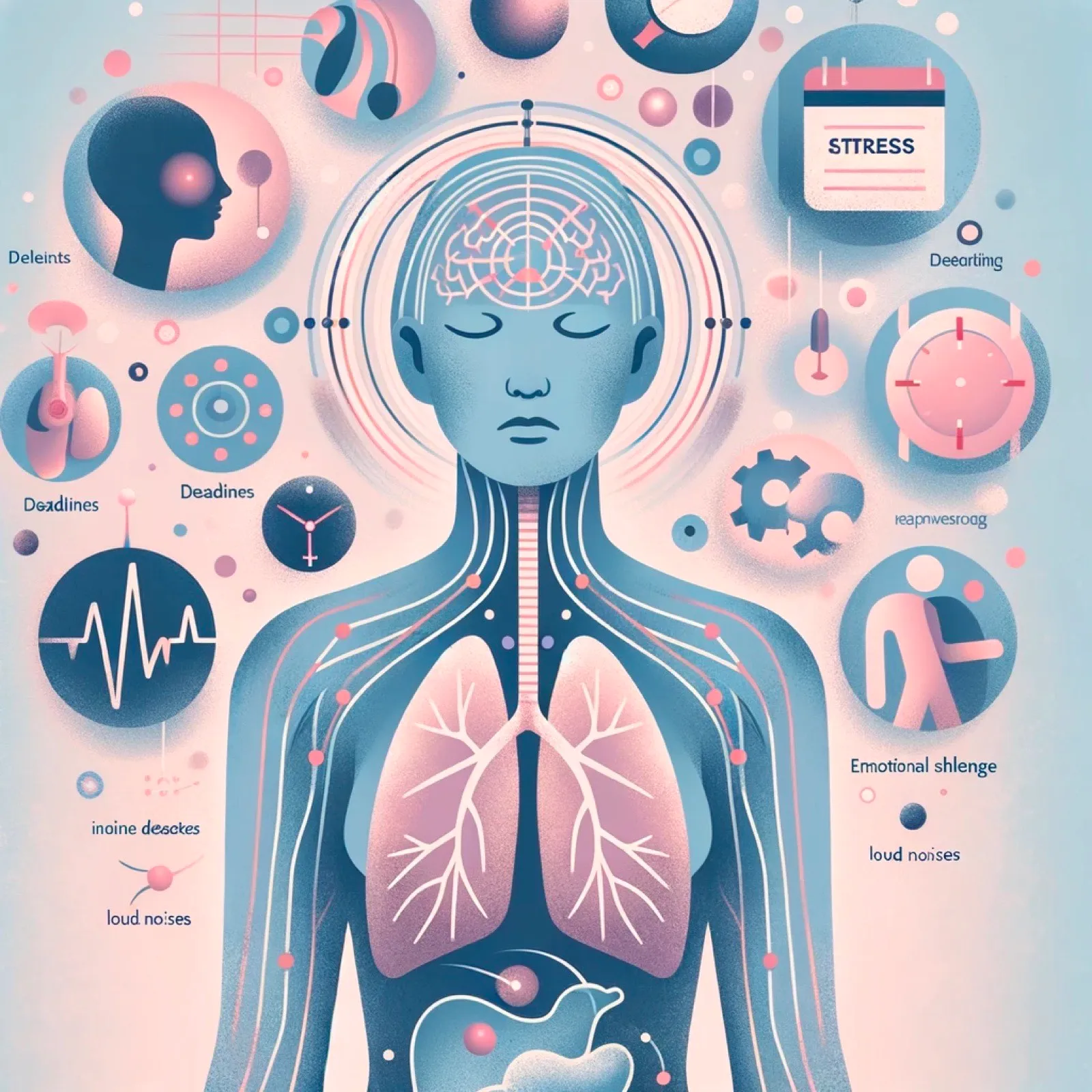 Illustration einer Person mit angedeutetem Nervensystem, umgeben von Symbolen für Stressauslöser